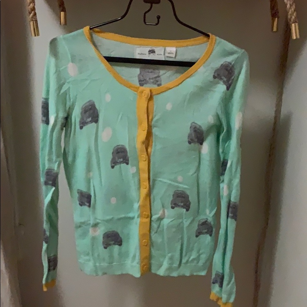Anthropologie Mint/Yellow Cardigan with Cars